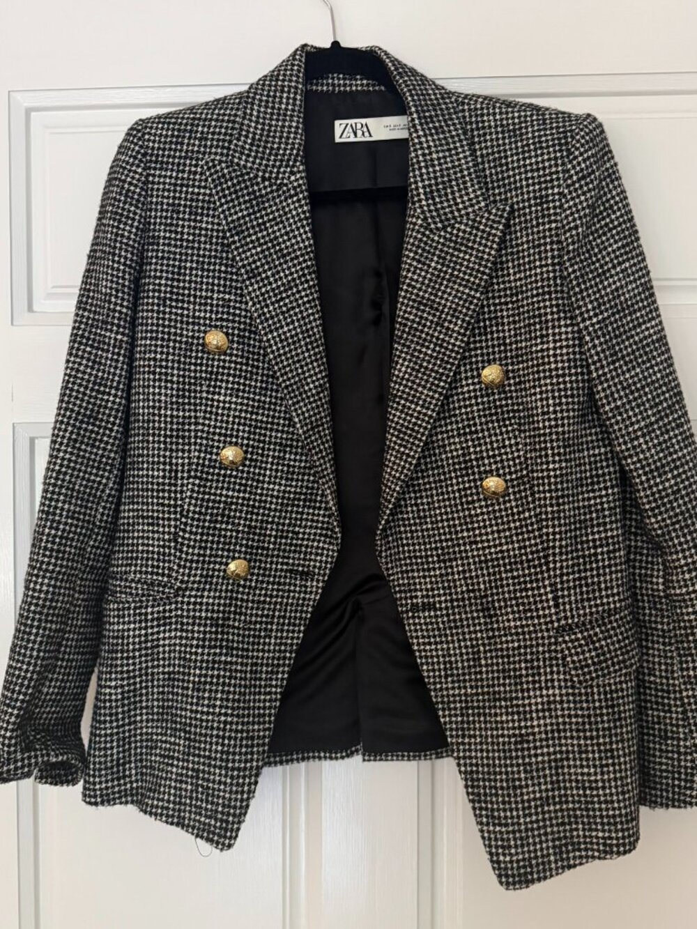 Zara Houndstooth Tweed Blazer Double Breasted Gold Crest Buttons Sz